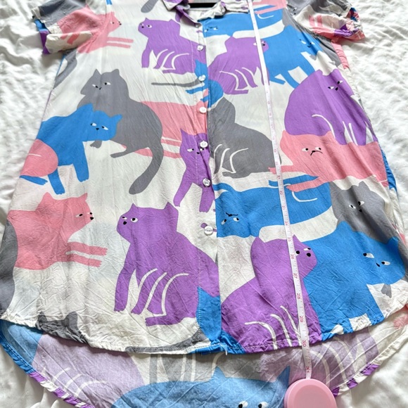 Pastel Cat Print Short Sleeve Collared Button Down Tunic/Shirt Dress Sz. S - Picture 5 of 12